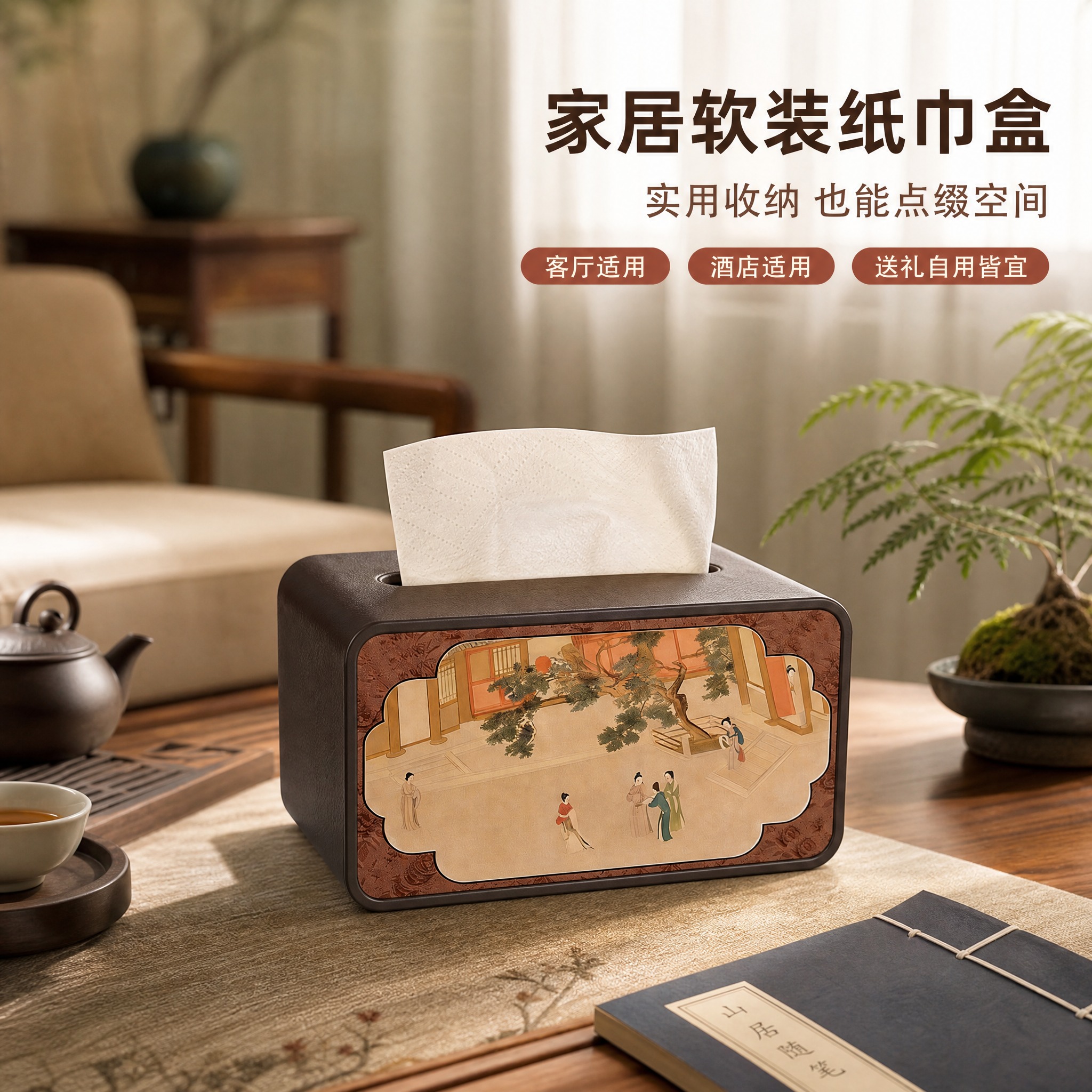 [主图-2] 家居软装场景展示图，展示纸巾盒在真实客厅茶桌场景… - 图片创意预览