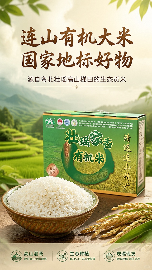 [第1屏] 详情页首屏海报-连山有机大米核心卖点总览。本屏使用【图1】作为商品米粒主体，【图6】作为产品包装展示。
[氛围/风格] 原生态自然风，绿色为主色调，突出有机健康氛围，商业摄影质感，温暖通透。
[元素布局] 画面上半部分留标题区域，中部展示碗装白米饭和产品礼盒包装，占比约70%；背景虚化连山梯田风景，整体保持产品米粒结构、颜色、包装文字与输入产品图一致。前景点缀少量稻穗装饰。
[光影质感] 顶部柔和自然光，底部自然投影，米粒保留通透光泽，整体明暗层次清晰，商品突出。
[配色色系] 全局底色 #F8F9F0，主色自然绿色，辅助色浅米黄、深棕色文字。
[视角构图] 居中构图，产品为视觉中心，阅读动线从上到下，清晰流畅。
[文字版式] 版式为上标题 + 中部产品 + 底部卖点条。主标题「连山有机大米 国家地标好物」，副标题「源自粤北壮瑶高山梯田的生态贡米」，标题采用温润书法字体，深棕色居中对齐。底部三小点核心卖点：「高山灌溉 生态种植 现碾现发」，图标搭配文字，不遮挡主体，文字清晰可读。
[比例分辨率] 9:16 竖版比例，4K 分辨率，文字清晰可辨，高清画质。
[负向提示词] 米粒变形，包装文字错乱，颜色偏差，水印，文字过小，背景杂乱