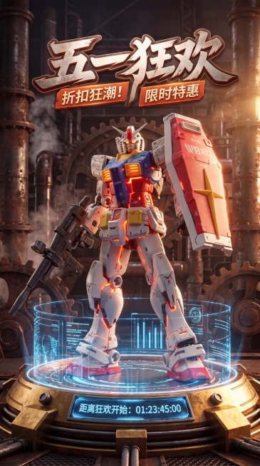史诗级电商狂欢节海报，五一狂欢主题。保留图片中RG RX-78-2 高达 Ver.2.0机体不做任何更改，以威严站姿矗立于环形全息控制台之上，居于画面中间。控制台采用金色陨铁框架，表面浮现幽蓝色全息数预览效果