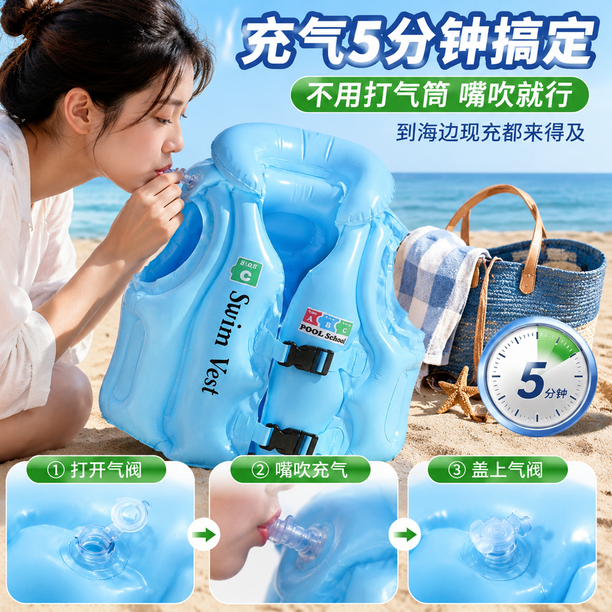 拼多多风格儿童浮力背心主图第十三张，充气便捷功能。画面左侧蓝色… - 图片创意预览