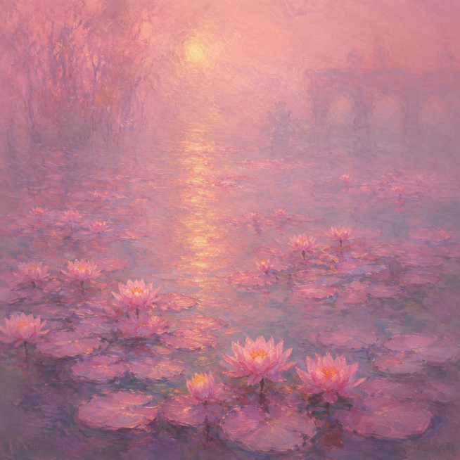 莫奈油画风格，微光笼罩下，一池粉色睡莲，粉色莲叶，整体画面被粉色氛围包裹，呈现朦胧美感，印象派笔触，雾气氛围感预览效果