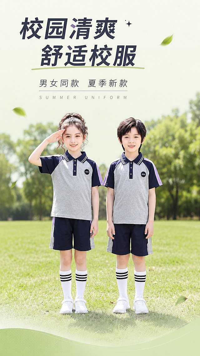 [第1屏] 详情页头图-统一夏季短袖校服宣传海报。本屏使用【图1】作为商品主体。
[标题版式] 左上居中设计感主标题，细英文装饰，字重对比清晰，浅色背景留白透气。
[氛围/风格] 清新自然校园风，户外草坪场景，商业摄影质感，明快干净，符合拼多多高性价比接地气调性。
[元素布局] 男女模特全身穿搭位于画面中心，占比约70%；上方预留主标题区域，下方浅绿渐变底色；商品的颜色、结构、版型与输入产品图保持完全一致。
[光影质感] 自然日光漫射照明，柔和阴影，整体明亮通透，衣物纹理清晰自然。
[配色色系] 全局底色 #F0F5E9；主色灰藏青紫拼色；辅助色浅绿背景，深灰文字。
[视角构图] 正面平视视角，模特为绝对视觉中心，阅读动线从上至下，自然流畅。
[文字版式] 主标题「校园清爽 舒适校服」，副标题「男女同款 夏季新款」，主标题粗体醒目，副标题细体补充，下方小字英文装饰「SUMMER UNIFORM」；所有文字不遮挡模特主体，清晰易读。
[比例分辨率] 9:16 竖版比例，4K分辨率，文字清晰可辨，高清画质。
[负向提示词] 衣物变形，缺件错件，颜色偏差，文字错乱，文字过小，产品图模糊，水印，极限词，平台logo