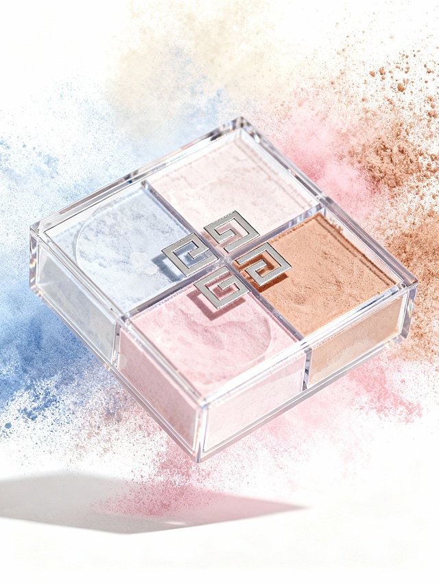 背景采用米白、蓝、粉、棕等柔和色调的粒子大范围扩散，与产品散粉的四色配色呼应