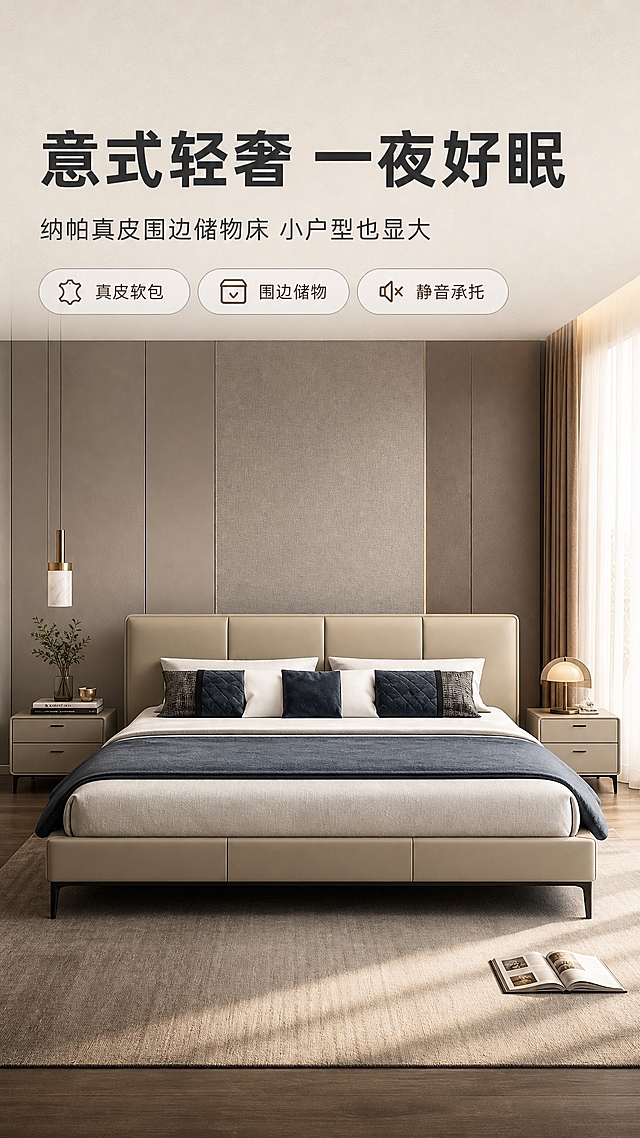 [商品] 使用【图1】意式轻奢围边床；保留床头浅米色真皮软包、黑色金属细脚、床尾三抽屉围边设计、整体低箱造型、颜色和材质比例；自然理顺皮面纹理，增强缝线与金属脚质感，不改变床的结构和造型。
[画面] 目标：整屋卧室场景头图，营造意式轻奢睡眠氛围。构图：上文下景，顶部约1/4区域为文案区，下方约3/4为卧室大场景；床位于画面中下部居中，占画面约55%；前景为床尾与地毯，中景为床与两侧床头柜，后景为暖灰色墙面、简约吊灯与窗帘；午后暖光从右侧窗纱透入，光影柔和。
[视觉] 套系策略：风格=意式轻奢高级商业摄影；标题字=现代无衬线粗体（思源黑体Heavy）；正文字=简洁无衬线体（思源黑体Regular）；主色=浅米杏；背景延展=基于浅米杏做深浅层级、同色渐变和细腻墙布/纸张质感；强调色=深咖棕，仅用于小面积图标、引线和标签；标题色=深炭灰；正文色=中暖灰；组件=圆角浅底信息卡、细线引线、胶囊形卖点框；光影=右前侧暖柔光，逆光作窗纱轮廓光。
[文字] 顶部文案区：主标题"意式轻奢 一夜好眠"，副标题"纳帕真皮围边储物床 小户型也显大"，下方3个胶囊卖点"真皮软包""围边储物""静音承托"；文字横排，不遮挡床头主体。
[规格] 图片比例9:16竖版，4K，避免变形、错字、文字过小、冷蓝背景、床颜色改变、结构失真、极限词。