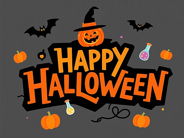 “HAPPY HALLOWEEN” 艺术字，上方有戴巫师帽的南瓜灯形象，周围搭配小南瓜、蝙蝠、魔法瓶等元素，色彩以橙黑为主，背景为深灰色，复古卡通风格