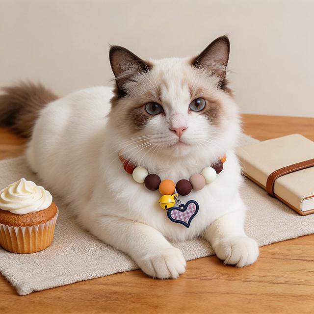 图生图，基于提供的奶咖色系串珠、带格纹爱心吊饰和黄色铃铛的宠物项圈，生成清新休闲场景图：布偶猫佩戴这款项圈，趴在原木色桌面的浅米色餐垫上，旁边放着焦糖色蛋糕和燕麦色笔记本，整体配色柔和温暖，和项圈的暖色调适配，突出项圈的可爱设计和佩戴效果