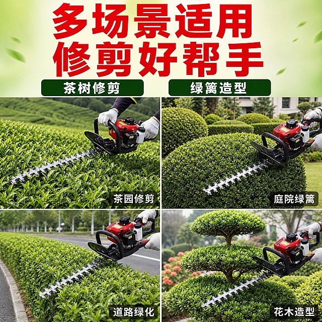 [主图-4] 多场景适用图，展示绿篱修剪机在茶园修剪、绿篱造型、庭院维护等多种场景下的使用，解决能用在哪的问题。
[统一基调] 淘宝/天猫五金器械风，明快高对比满版构图；背景主色为清新绿色系，标题字色为正红粗黑体，辅助字色为深绿与白色，强调色为红色；字体统一使用无衬线粗黑体，字号层级分明；采用上部大标题+下部4宫格场景图的上下满版结构。
[画面] 上部约占画面35%，为大标题区+2个短卖点条，背景为淡绿色渐变；下部约占65%，为2x2的4宫格场景图，每格展示一个使用场景：左上格为茶园中工人手持绿篱机修剪茶树（只展示手臂与机器，不展示完整人脸），右上格为庭院绿篱球形修剪，左下格为公路旁绿篱修剪，右下格为花木造型修剪；每格场景中都有同款红色汽油绿篱修剪机正在作业，机器外观与输入图一致；每格右下角有白色小字场景标签。
[光影质感] 户外自然光质感，光线明亮柔和，场景真实自然，机器在各场景中光影匹配不违和，无悬浮感无硬切边缘。
[配色] 上部背景淡绿渐变，标题正红，卖点条深绿底白字；下部4宫格各场景以绿色植物为主色调，机器红色作视觉焦点；整体清新有活力，突出户外园艺属性。
[文字版式] 上部大标题两行："多场景适用 修剪好帮手"，粗黑体正红色；标题下方2个短卖点条横向排列："茶树修剪""绿篱造型"，深绿底白字；4宫格每格右下角标签分别为"茶园修剪""庭院绿篱""道路绿化""花木造型"，白色小字带半透明黑底。所有文字横排，清晰可读。
[输出要求] 比例1:1，场景真实自然，机器外观与结构一致，文字清晰，无变形错字，无水印无平台Logo，无完整人脸。