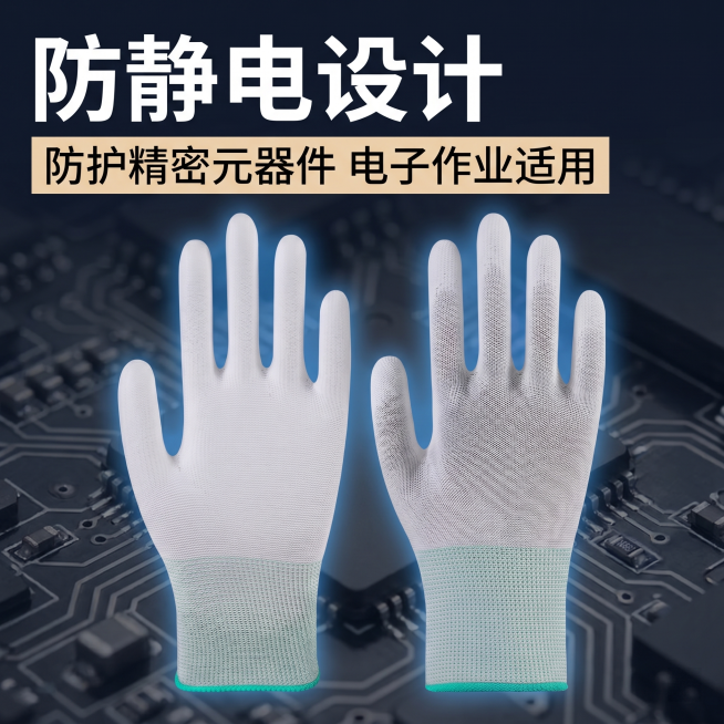 [主图 4] PU防静电劳保手套卖点主图，保持手套外观（物理结构、材质质感、颜色）与输入产品图https://1.png绝对一致，杜绝任何变形和色差。
[氛围风格] 简约高级商业电商主图风格，保持与主预览效果