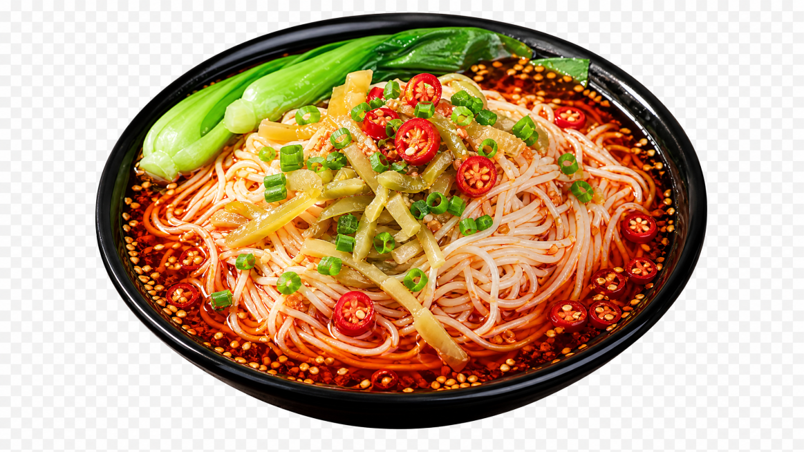 参考当前图片风格，重新生成一碗麻辣鲜香的重庆小面，红汤米线搭配青菜、小米辣、葱花和榨菜，透明背景，保留原图食物构图和质感预览效果