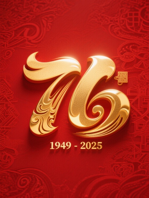 背景是红色搭配中式暗纹，主体是金色艺术感大字“76”，下方有金色艺术感小字“1949-2025”预览效果