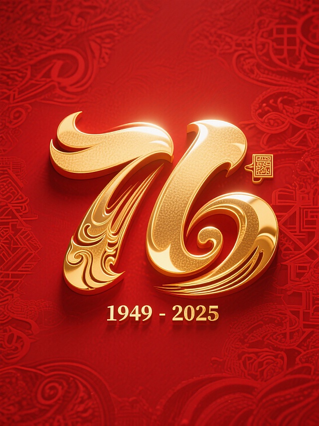背景是红色搭配中式暗纹，主体是金色艺术感大字“76”，下方有金色艺术感小字“1949-2025”