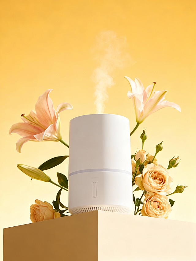 清新感与温馨感交织，简约主义设计搭配柔和色调，水彩风背景衬托出轻拟物风的加湿器，营造出文艺优雅的浪漫氛围。