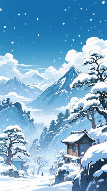 二次元古风，下雪，群山，树，云，浅蓝色，细节丰富，元素多样，9:16,不要人物，生成2张预览效果