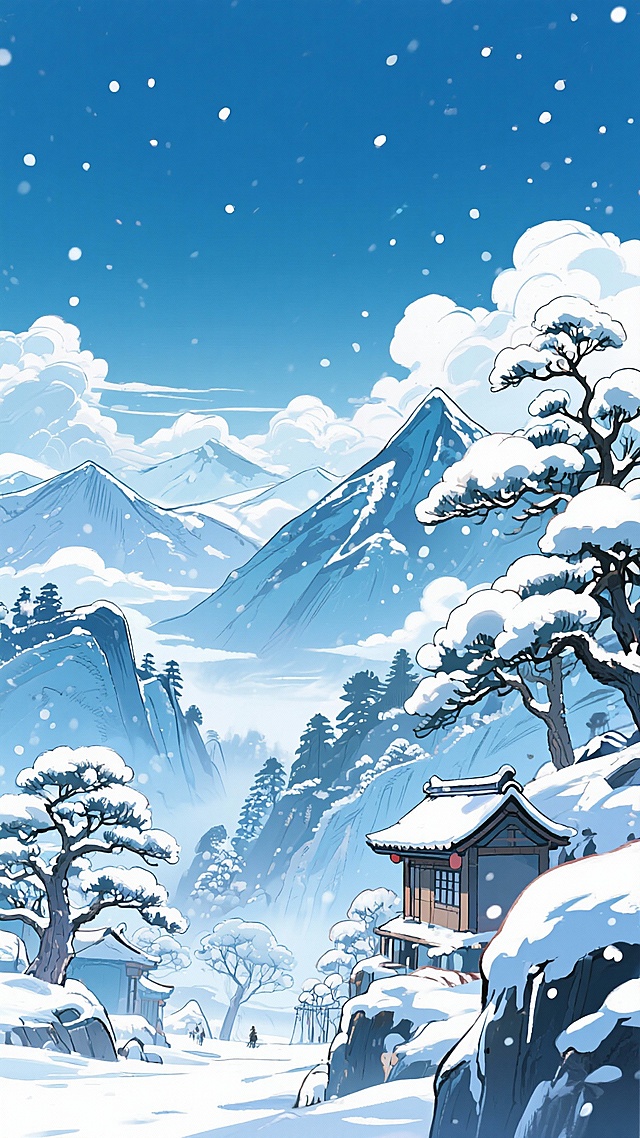 二次元古风，下雪，群山，树，云，浅蓝色，细节丰富，元素多样，9:16,不要人物，生成2张