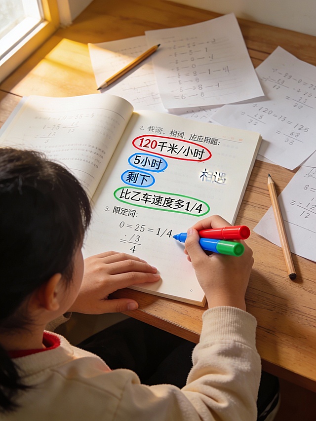 小学六年级学生用红、蓝、绿三色荧光笔在数学应用题题目上圈画关键词，红色圈数字和单位，蓝色圈动词如“相遇”“剩下”，绿色圈限定词如“比……多1/4”，画面温馨写实，书桌上有草稿纸和铅笔，自然光照明。