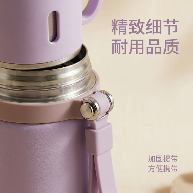 [主图 3 细节展示] 放大展示紫色保温杯的便携提带和杯口细节，风格舒适简约，家居治愈，浅米色背景柔和光影。画面聚焦保温杯侧方提带区域，放大展示精致金属扣和柔软硅胶提带的材质细节，产品细节和原图保持一预览效果