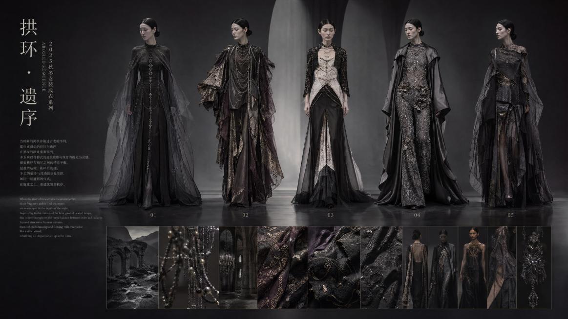 服装系列企划展板，主题「拱环·遗序」，2025 秋冬女装成衣系列，整体画面黑灰调，白色，极简留白意境。  5位清冷感女模特一字排开走秀造型第一套长款t形服装、臀部收紧层叠纱质披风、前部有串珠相连，第二预览效果