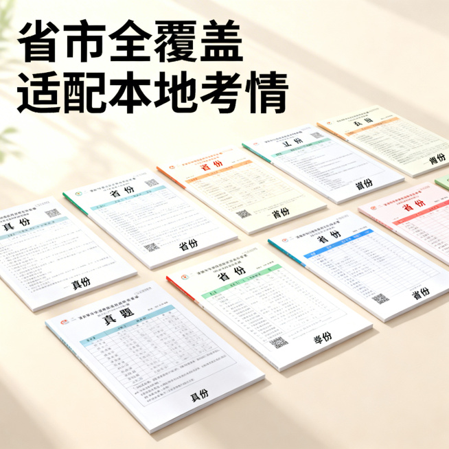 历届高考真题合集电商主图第十六张，清新舒适学习风格，柔和自然光。画面展示不同省份的真题试卷封面依次排列，每个封面上标注对应省份名称。背景为浅米色，整体整洁有序。上方标题「省市全覆盖 适配本地考情」，无预览效果