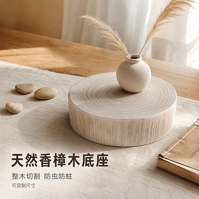 [主图-1] 香樟木圆形实木底座摆件 空间氛围英雄图 小红书1:1主图
[统一基调] 独立站简约高级风格 原木侘寂风 暖调自然光 米白+浅木色主色系 深棕标题字 浅灰辅助字 无衬线粗体标题 细体说明字 整体干净克制 留白充足
[画面] 香樟木圆形实木底座摆件为绝对主角 放在浅米色亚麻质感桌布的原木长桌上 45°平视视角 主体占画面60% 底座上方放置一只极简哑光米白色陶瓷小花瓶 插两支干蒲苇 底座左侧散落3-4颗天然鹅卵石 右侧放一本浅棕色封面的线装旧书 书页微微卷起 背景是模糊的米白色亚麻窗帘 午后侧逆光从右侧窗户洒入 形成柔和的长阴影 画面左下角留白处放主标题 产品保持原图的年轮纹理、浅灰白色木质、圆柱形外观不变 直径约18cm 厚度约5cm 表面有自然木纹和年轮圈
[光影质感] 商业静物摄影质感 柔和午后自然光 主光来自右后侧 左侧有弱补光 木质表面呈现细腻哑光质感 年轮纹理清晰 底座底部有自然接触阴影 无硬边
[配色] 米白背景 浅木色产品 深棕标题 浅灰辅助文字 整体暖调低饱和
[文字版式] 左下角竖排留白区域 主标题大字粗体"天然香樟木底座" 下方小字"整木切割 防虫防蛀" 再下方更小字"可定制尺寸" 文字不遮挡产品 全部横排左对齐
[输出要求] 1:1正方形 2K分辨率 产品清晰锐利 文字清晰可读 无变形 无错字 无水印 无平台Logo 背景干净不杂乱