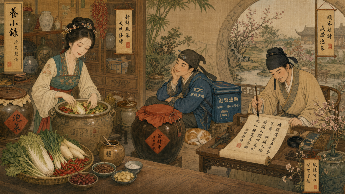 中国古典工笔插图，绢本设色，绘制明代打扮美女正在制作泡菜，还原《养小录》场景，加入创意元素：快递员托腮耐心等待泡菜发酵，旁边顾客写诗盛赞泡菜，整体保持古典工笔风格，比例16:9预览效果