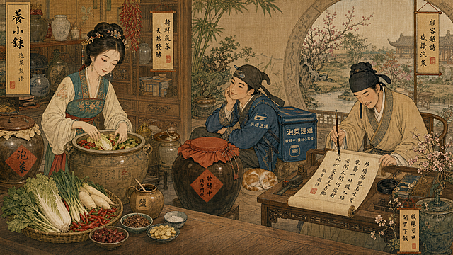 中国古典工笔插图，绢本设色，绘制明代打扮美女正在制作泡菜，还原《养小录》场景，加入创意元素：快递员托腮耐心等待泡菜发酵，旁边顾客写诗盛赞泡菜，整体保持古典工笔风格，比例16:9