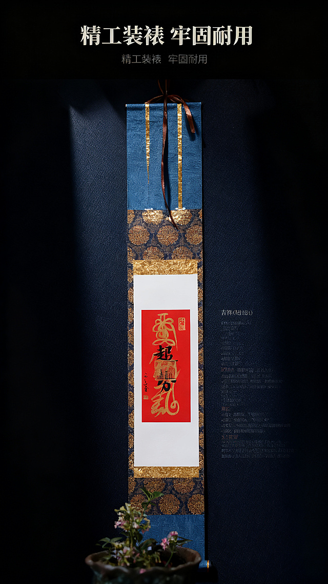 [第5屏] 挂轴细节-传统装裱工艺展示。本屏使用【图1】轴头部分作为主体。
[氛围/风格] 工艺特写，精致质感，突出传统手工装裱的精良做工。
[元素布局] 放大展示卷轴天头部分，展示蓝色绫布、金色镶边和挂绳细节，保留原图材质和颜色，背景深色衬托，纹理清晰。
[光影质感] 侧光突出布料纹理和层次，镶边金色光泽自然，立体感强。
[配色色系] 黑色背景，蓝色绫布金色镶边红色标题，配色协调。
[视角构图] 细节特写，聚焦装裱做工。
[文字版式] 顶部标题「精工装裱 牢固耐用」，文字简洁不遮挡细节。
[比例分辨率] 9:16竖版比例，4K分辨率，文字清晰可辨，高清画质。
[负向提示词] 结构变形，细节模糊，颜色不对，文字遮挡。