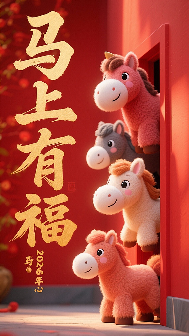 2026马年主题，毛绒质感的插画，可爱的毛绒马形象，四匹卡通小马从右边红色的墙壁探出头来向前看，神态动作各不相同，从上到下，由小到大，顺序排列，背景为喜庆过年氛围风格，左边为狂放的草书书法体“马上有福”竖排金色大字，高清像素，比例 传统色彩，呈现出温暖喜庆的节日氛围，「9:16」