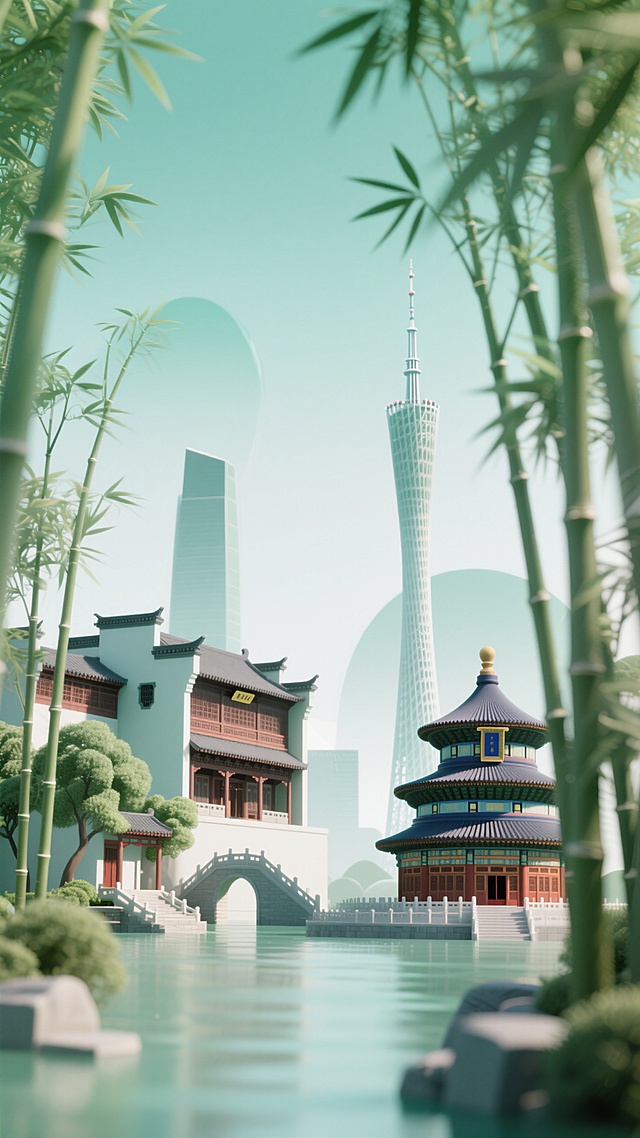 渐变色块，扁平风格，徽派建筑，广州塔，东方明珠，故宫，天坛，极简，清透干净，青葱色，绿色，竹影，隐隐约约，动态模糊，弥散风格，大面积留白