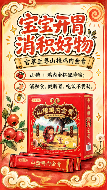 手绘POP风格海报，参考第二张图的手绘排版结构与橙黄色调，按照第一张产品包装红色系延展配色，整体为手绘POP粗描边质感，包含第一张图的吉草至尊山楂鸡内金膏产品（红色盒装+条装），100% 还原上传商品预览效果