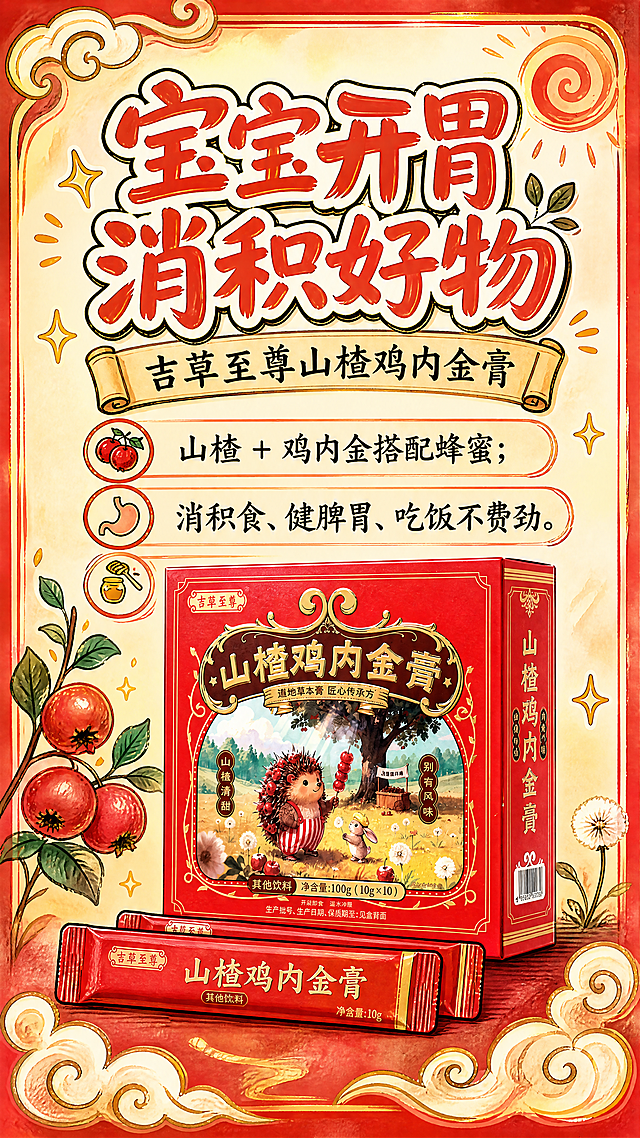 手绘POP风格海报，参考第二张图的手绘排版结构与橙黄色调，按照第一张产品包装红色系延展配色，整体为手绘POP粗描边质感，包含第一张图的吉草至尊山楂鸡内金膏产品（红色盒装+条装），100% 还原上传商品图的产品外形、包装、LOGO、印刷文字、净含量，完整保留原图中的盒型、袋型、轮廓、结构、比例、标签版式、品牌 logo、文字、容量信息、材质质感、红金色配色和正面朝向。主标题是"宝宝开胃消积好物"，副标题是"吉草至尊山楂鸡内金膏"，文案内容为：山楂 + 鸡内金搭配蜂蜜；消积食、健脾胃、吃饭不费劲。整体以大红色为主色调，搭配金色装饰，浅红渐变背景，手绘粗黑醒目字体，文字分区清晰，所有文字清晰可读不遮挡产品主体，版式精美，产品放在画面中心偏下位置，四周留足安全边距，保持和参考图一致的手绘POP结构，整体风格温暖童趣、复古大气，贴合儿童调理产品调性。