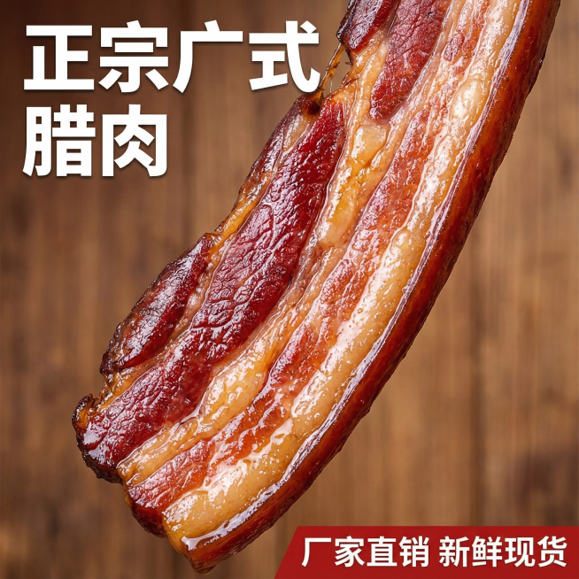 这张图片是产品主体这款产品是广式腊肉 我需要设计20张主图在拼多多上面售卖    主图场景布局可以用厨房 炒腊肉 腊肉细节等设计一个高级有食欲一些主图文案内容 正宗广式腊肉 厂家直销 新鲜现货 咸甜相预览效果