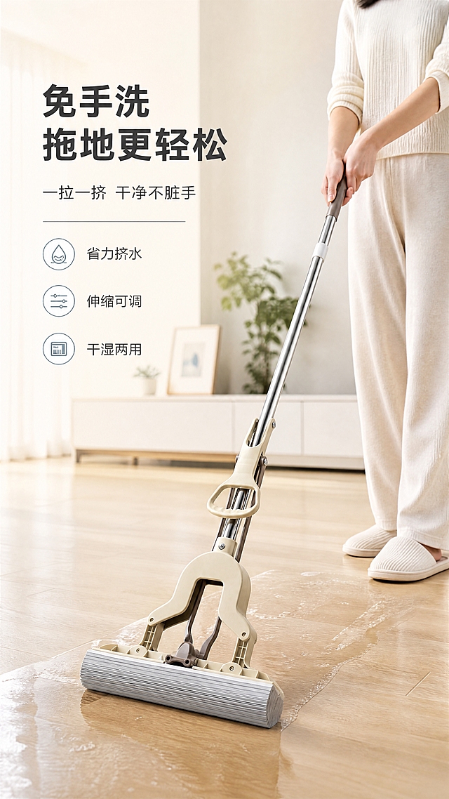 [商品] 使用【图3】对折式胶棉拖把正面视角；保留米黄色挤水架、银灰色胶棉头、不锈钢伸缩拉杆的完整结构和颜色；产品呈使用状态，角度符合真实拖地动作。
[画面] 目标：人物使用页，展示真人居家拖地操作的便捷性。构图：左文右图，右侧人物+拖把拖地场景，左侧文案信息。主体位置：画面右侧偏中，人物手持拖把正在拖地。主体占比约65%。景别：中景（人物腰部以下+拖把）。阅读动线：从左上标题向右下看人物使用场景。前中后景：前景为浅色木地板，中景为人物手部+拖把+地面水渍，后景为虚化的明亮家居环境（浅色柜子、绿植）。场景：现代明亮家居客厅，人物正在拖地清洁。
[视觉] 套系策略：风格=清新简约家居商业摄影；标题字=现代无衬线粗黑体；正文字=简洁无衬线体；主色=浅米杏；背景延展=基于浅米杏做深浅层级、同色渐变和细腻哑光质感；强调色=浅蓝灰，仅用于小面积图标、引线和标签；标题色=深炭灰；正文色=中暖灰；组件=圆角信息卡、细线分隔；光影=左侧自然光，温暖明亮，地面有柔和反光。
[文字] 左上区域主标题"免手洗 拖地更轻松"，副标题"一拉一挤 干净不脏手"；下方3个短卖点："省力挤水"、"伸缩可调"、"干湿两用"；文字区位于画面左上部，横向排版，不遮挡人物和拖把主体；人物为亚洲女性，穿家居服，动作自然真实。
[规格] 图片比例9:16竖版，4K，避免变形、错字、文字过小、冷蓝/蓝灰背景、产品颜色改变、结构失真、极限词。