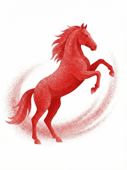 红色颗粒质感，简约抽象风格，单张扬蹄奔腾的马，白色背景预览效果