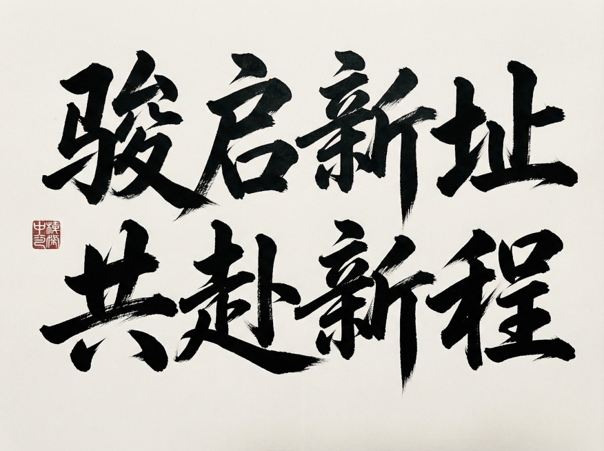用图片上的文字风格设计“骏启新址，共赴新程” 这8个字预览效果
