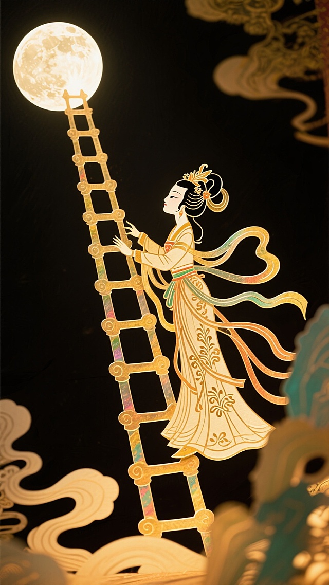 古典中式剪纸风，女子攀梯望月，梦幻超现实，皮影艺术展现中秋佳节。