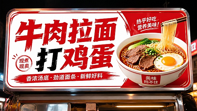 小吃车上的软膜灯箱广告，背景采用红色和白色搭配，主体文字为“牛肉拉面打鸡蛋”，醒目清晰，适合户外餐饮小吃车展示