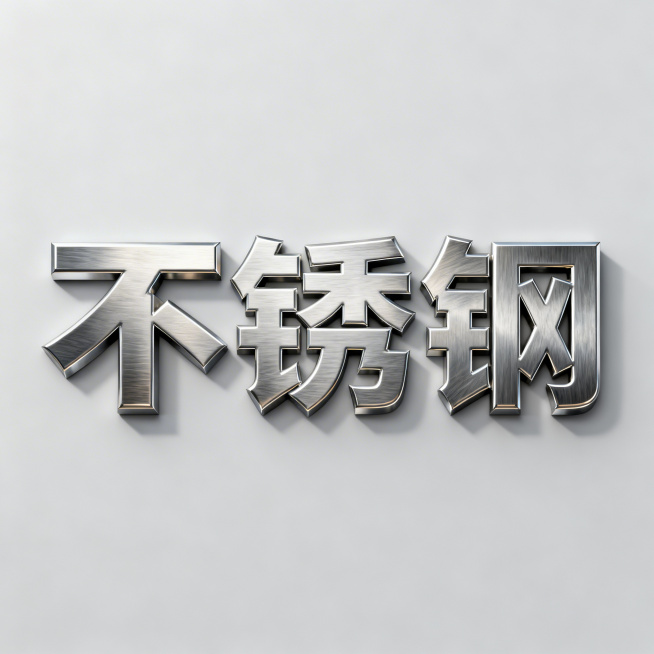 展示文案为“不锈钢”的不锈钢材质字体，字体带有金属拉丝质感，棱角分明，表面有细腻光泽和自然反光，质感厚重硬朗，置于干净浅灰色背景中，光影自然，突出不锈钢冷冽高级的金属质感预览效果