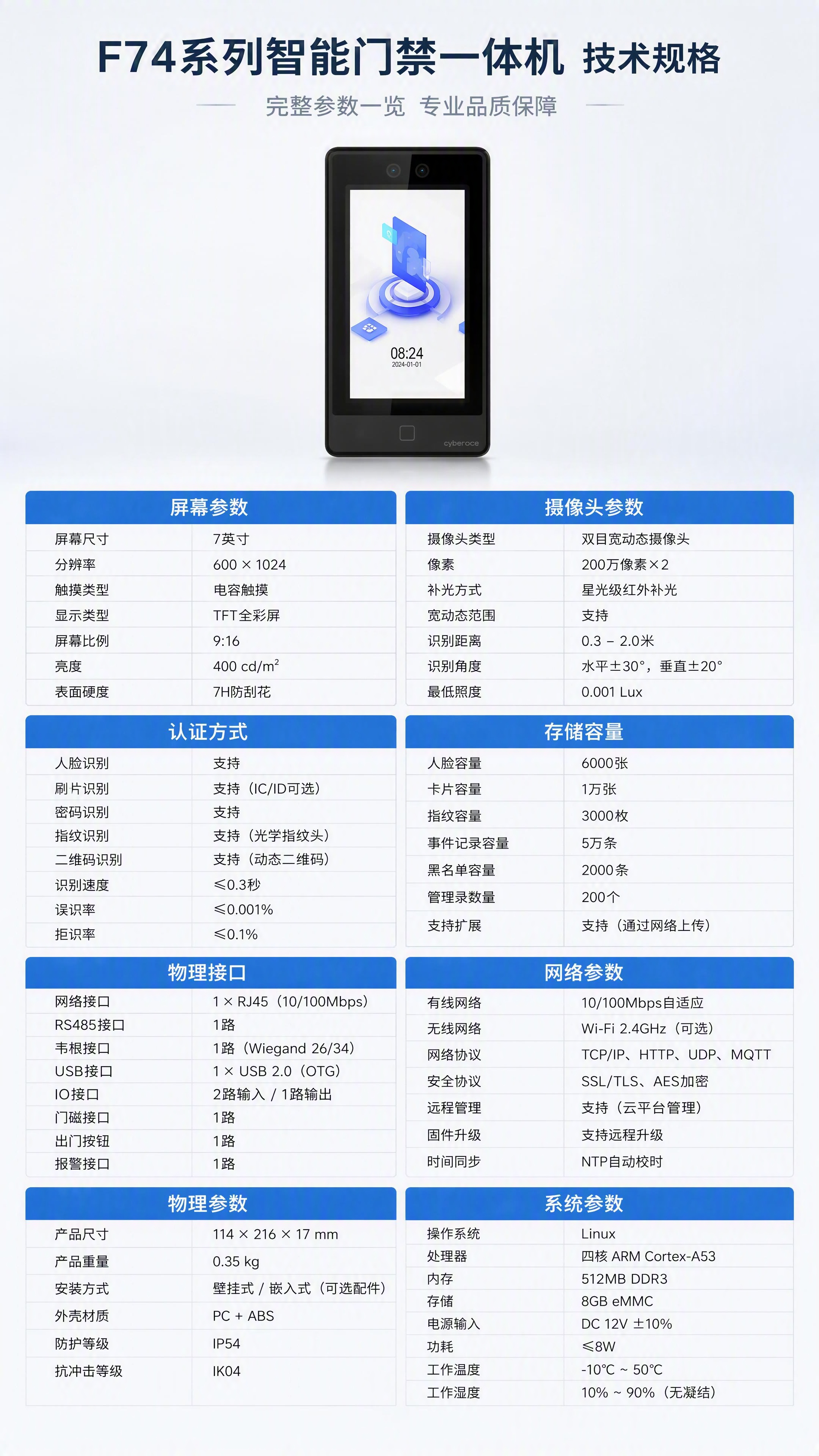 [第8张] 完整参数规格表页 - F74系列智能门禁一体机全维… - 图片创意预览