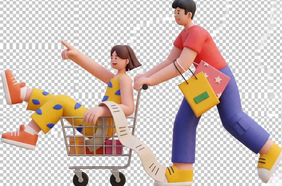 将这张购物插画转为PNG格式的3D风格，保留原画面内容和透明背景，风格改为立体3D效果预览效果