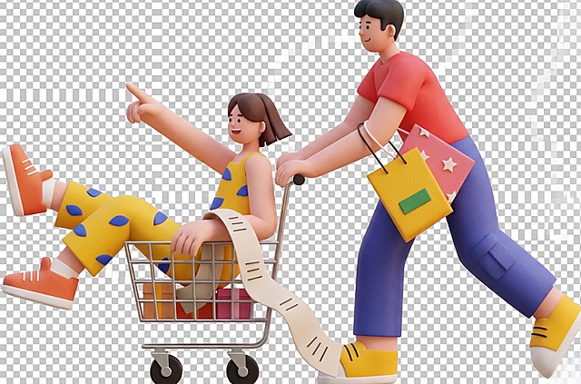 将这张购物插画转为PNG格式的3D风格，保留原画面内容和透明背景，风格改为立体3D效果