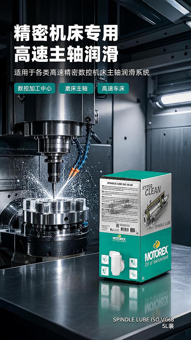 [第4张] 详情页应用场景-精密数控机床主轴润滑场景展示。本张使用【图3】VG68产品作为商品主体。
[氛围/风格] 工业实景风，工厂车间场景，金属冷调，专业精密，商业摄影质感。
[元素布局] 产品包装盒置于画面右下方金属台面上，占比约30%；左侧及背景为CNC数控加工中心机床内部场景，高速旋转的主轴、刀具、金属工件清晰可见，有冷却喷雾效果；台面有产品倒影；产品外观与输入图完全一致。
[光影质感] 工业车间冷白光照明，机床金属表面有强烈高光和反射，产品盒体受侧光照射有立体感，底部投影自然。
[配色色系] 全局底色 #2C3E50 深蓝灰车间色调；主色品牌墨绿 #00897B；辅助色银灰金属色、钢蓝色、白色文字。
[视角构图] 中景平视，产品在右下，机床主轴在左上形成对角线构图，景深较大，场景真实感强。
[文字版式] 左上区域标题区：主标题"精密机床专用  高速主轴润滑"，白色粗黑体；副标题"适用于各类高速精密数控机床主轴润滑系统"；下方三个场景标签："数控加工中心""磨床主轴""高速车床"；右下角产品旁标注"SPINDLE LUBE ISO VG68  5L装"。文字不遮挡产品主体。
[比例分辨率] 9:16竖版比例，4K分辨率，文字清晰可辨，高清画质。
[负向提示词] 产品变形，包装文字错乱，缺件错件，颜色偏差，水印，文字过小，人物出现，背景杂乱。