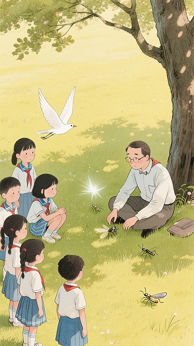 黄绿色调，学生们（穿着中国校服，姿态不一）和一位男老师在研究地上的昆虫，一起坐在微风吹拂的草坪上互动的场景，几只动态的发光白鸟飞过装点画面，整个画面充满动态感和灵动感，温馨，梦幻，大量光斑，极强的光影交织，树影婆娑，鸟瞰视角POV，非常规的创意构图