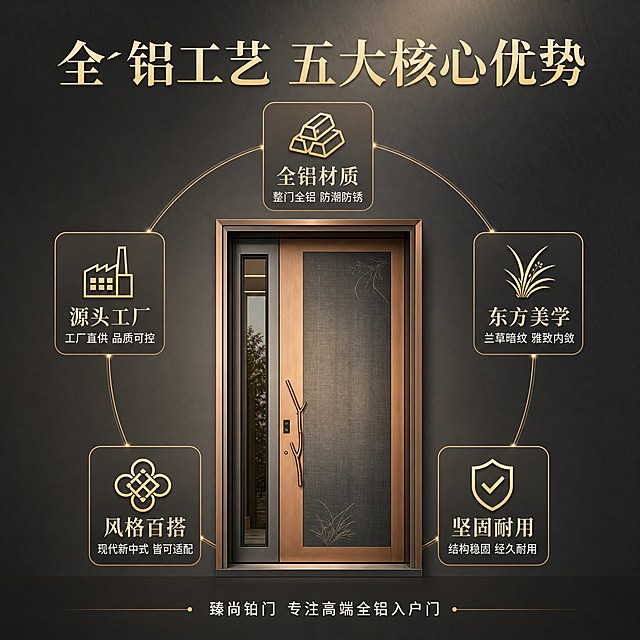 [主图-2] 核心亮点功能环绕图，核心任务：展示全铝入户门的5大核心优势，用图标环绕方式清晰传达卖点。
[统一基调] 整体风格：高端建材商业摄影，东方雅致轻奢风；背景主色：深灰渐变+暖金点缀；标题字色：暖金色；辅助字色：米白色；强调色：古铜金；字体样式：标题用大气衬线宋体，辅助用简洁无黑体；字号层级：主标题最大，副标题缩小60%，卖点标签再缩小；卡片样式：细金线圆角卡片，轻微半透明底。
[画面] 画面中心是清雅兰草花型全铝入户门的正面特写，门体外观与参考图一致，占画面50%，居中展示。门体四周环绕5个功能图标模块，分别对应5大卖点，每个模块含图标+短文案，呈环形分布。背景是深灰色渐变，带有细微的金属拉丝纹理，高端简洁。顶部有大标题，底部有一行信任背书短句。
[光影质感] 商业棚拍质感，均匀柔光，门体金属边框有均匀高光，深灰门扇纹理清晰，整体干净利落，突出产品本身和功能信息，光影柔和不刺眼。
[配色] 主色调：深灰、古铜金、米白；图标色：暖金色线条；背景：深灰渐变。
[文字版式] 顶部主标题：「全铝工艺 五大核心优势」（大号暖金色衬线字体，居中）；环绕图标模块（顺时针从上方开始）：1.上方：「全铝材质」图标+文案「整门全铝 防潮防锈」；2.右上：「东方美学」图标+文案「兰草暗纹 雅致内敛」；3.右下：「坚固耐用」图标+文案「结构稳固 经久耐用」；4.左下：「风格百搭」图标+文案「现代新中式 皆可适配」；5.左上：「源头工厂」图标+文案「工厂直供 品质可控」；底部小字：「臻尚铂门 专注高端全铝入户门」（米白色小字）。每个图标模块用细金线圆角小卡片样式，图标在上文字在下。
[输出要求] 比例1:1，2048x2048，文字清晰可读，图标精致，产品清晰，排版均衡美观，无错字，无杂乱元素，无水印，无平台logo。