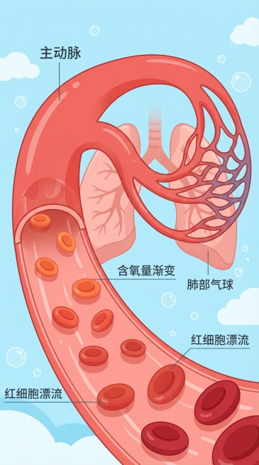 场景化手法构建趣味2d扁平插画： 核心元素设计 - 血管后面有肺部插画 - 血管：纵横交错，连接毛细血管，呈现为半透明的红色管道，局部剖开露出流动的血液"河流"，可看到少量红细胞"漂流"、的不同层位。预览效果