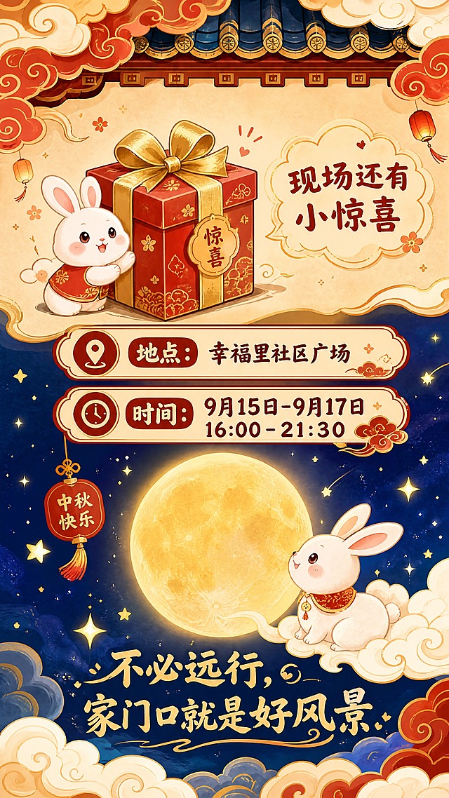 竖版公众号长图，卡通可爱国潮插画风格，中秋市集主题。画面顶部是国潮风格的祥云和屋檐底部轮廓，与上一张图衔接。中间区域有一个精美的卡通礼盒插画，礼盒是红色带金色丝带，旁边有可爱的小兔子。礼盒旁有文字"现场还有小惊喜"。下方清晰展示活动信息：地点和时间，用圆润可爱的国潮字体书写。画面下半部分是深蓝色渐变夜空，一轮明亮的金黄色大圆月，月亮旁边有可爱的玉兔和闪闪的星星，底部有祥云图案。配文"不必远行，家门口就是好风景"。整体色调：深蓝夜空+金黄月亮+红色国潮元素，温馨喜庆，插画风格，纯插画无真人