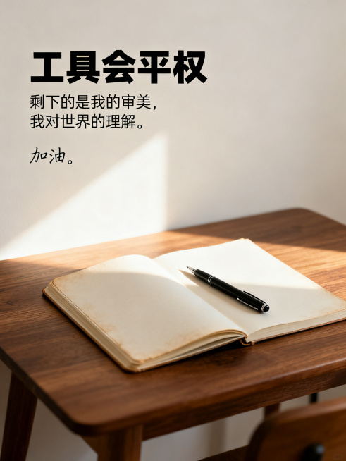 3:4竖屏超清极简主义概念图，无人物，柔和温暖米白色背景，无科技符号。画面中央近距离俯视木质书桌，桌面仅放一本翻开的微微泛黄空白笔记本，左上方斜射柔和自然光落在书页上，光斑边缘放着一支黑色钢笔，氛围安预览效果