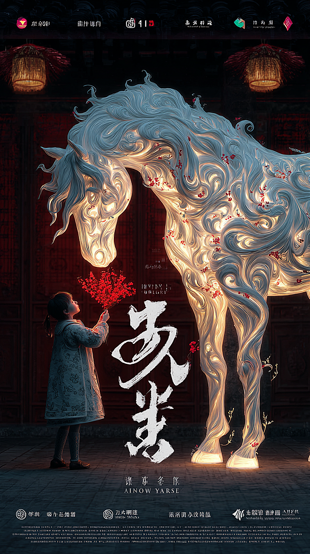 A highly artistic and festive Chinese New Year poster, Year of the Horse, 9:16 aspect ratio, cinematic and heartwarming.

**Core Scene:** In a contemporary Chinese home's living room or a serene courtyard at night. A stylized, luminous horse, whose form is composed of swirling, elegant calligraphy strokes of the Chinese character 「馬」 and patterns of plum blossoms, stands calmly. It is being affectionately fed a red envelope (hongbao) or a symbolic carrot by a smiling, joyful child dressed in modernized traditional attire. The atmosphere is one of serene celebration and familial warmth.

**Style & Composition:**
- **Style:** A breathtaking blend of **modern 3D digital art with Chinese ink painting aesthetics**. Think of the delicate transparency of ink washes combined with sharp, contemporary lighting. Style inspired by renowned digital artists like James Jean and Yang Liu, ultra-detailed, elegant.
- **Composition:** Central and balanced. The luminous horse is the vertical center, slightly off to one side, with the child on the other, creating a diagonal connection. The background features layered elements (see below) to create depth.
- **Color Palette:** A rich and sophisticated **New Year palette dominated by "Auspicious Red" and "Wealth Gold"**, but with depth. Use crimson, vermilion, and garnet for the reds. Use antique gold, warm brass, and hints of soft, reflective gold leaf for the golds. Accents of **jade green** (for harmony) and **deep navy blue** (for the night sky) to balance the warmth. Overall feel is opulent, joyful, and artistically refined.

**Key Visual Elements & Lighting:**
- **The Horse:** Not a realistic animal, but a **mythical, graceful creature** made of glowing, translucent amber-gold ink strokes and fine, red-lacquer lines. Its mane and tail fade into drifting, tiny plum blossom petals and gold dust.
- **Background Details:** A large, modern **paper-cut window** (pattern: galloping horses or ‘福’字) frames a view of distant, soft-glowing lanterns and gentle fireworks in the night sky. Indoors, there might be a **minimalist pot of lucky bamboo** or a **glass vase with cherry blossom branches**. Subtle holographic projections of traditional patterns float in the air.
- **Lighting:** The primary light source is a **large, beautiful traditional red lantern** hanging to one side, casting a warm, diffused golden-red glow that creates soft shadows on faces and the horse. **Secondary light** comes from the horse's own gentle internal glow and the soft fireworks outside. This creates a magical, **Rembrandt-like chiaroscuro effect** with high contrast between warm light and cool shadows.

**Text Integration (精确描述):**
- **Main Title (Top):** "喜迎骏年" (Welcoming the Steed Year). Positioned horizontally across the **top 20%** of the poster. Use a **modern calligraphy font** that blends sharp, clean strokes with the fluidity of a brush. Color: **Matte Gold with a subtle dark red inner glow**. The text appears slightly embossed, as if pres