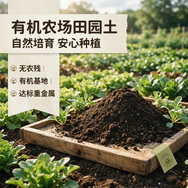 [主图主题]有机农场田园土 抖音高点击率首图（无包装）
[氛围/风格]自然温馨田园风格，柔和自然光，清新干净氛围感
[画面元素]一堆松散的有机田园土堆放在天然原木托盘上，背景是绿意盎然的有机农场菜地，预览效果