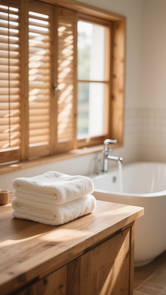 一张木质浴室的温馨背景图，采用写实风格，主色调为温暖的原木色与柔和的米白色，阳光透过带有木质百叶窗的窗户，在浴室内洒下斑驳的光影，光线柔和明亮，营造出宁静舒适的氛围。画面中，木质台面上整齐叠放着两叠蓬松柔软的白色毛巾，毛巾的绒毛质感清晰可见，台面的木纹细节真实自然。背景中，一个简约的白色浴缸边缘和银色水龙头隐约可见，整体构图以近景的木质台面和毛巾为视觉焦点，中景的浴缸和远景的窗户形成自然的空间层次，光影过渡细腻，突出浴室空间的通透感与温馨感。
