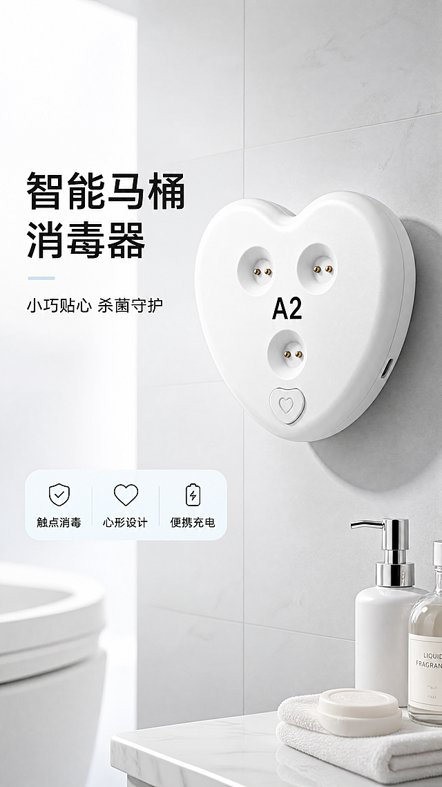 [第1屏] 详情页头图-爱心造型马桶消毒器新品宣传海报。
[氛围/风格] 现代简约家居风，浅干净明亮卫生间场景，商业摄影质感，画面简约高级突出产品。
[元素布局] 白色爱心造型A2马桶消毒器放置在画面右侧中上区域，占据画面60%-65%主体。保持产品心形外观、三个触点接口、底部心形按键的物理结构、磨砂质感、纯白色与输入产品图一致。背景为浅灰色高级瓷砖卫生间，左侧留出充足标题留白，右下角可以放置一小块卫浴用品作为前景点缀，整体干净简洁。
[光影质感] 左侧柔和主光照亮产品整体，右下角形成自然柔和投影，产品边缘清晰真实，整体明暗层次干净通透。
[配色色系] 全局底色：#F5F7FA（浅灰）；主体配色：#FFFFFF（产品白色）+#1E1E1E（标题黑色）；辅助色：#E8F4F8（浅蓝点缀）。
[视角构图] 正面45°斜视角，产品位于右侧中上区域，左侧区域完整留给标题，底部浅蓝信息条承接核心卖点，背景干净有高级设计感。
[文字版式] 左侧布局为从上到下主标题+副标题+核心卖点。主标题「智能马桶消毒器」黑色字，左对齐，字号为画面宽度8%-10%；副标题「小巧贴心 杀菌守护」小号黑色字，主标题下方；底部三个卖点标签「触点消毒」「心形设计」「便携充电」依次排列，浅蓝圆角底纹，文字清晰不遮挡产品。
[比例分辨率] 9:16竖版比例，4K分辨率，文字清晰可辨，超高清。
[负向提示词] 产品变形，结构错误，触点缺失，颜色偏差，水印，文字错乱，产品图模糊，背景杂乱，违规表达。